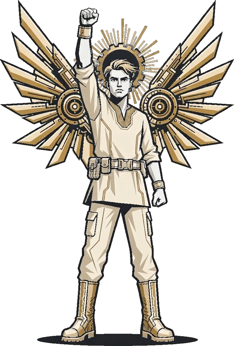 Simon, winged figure with raised fist